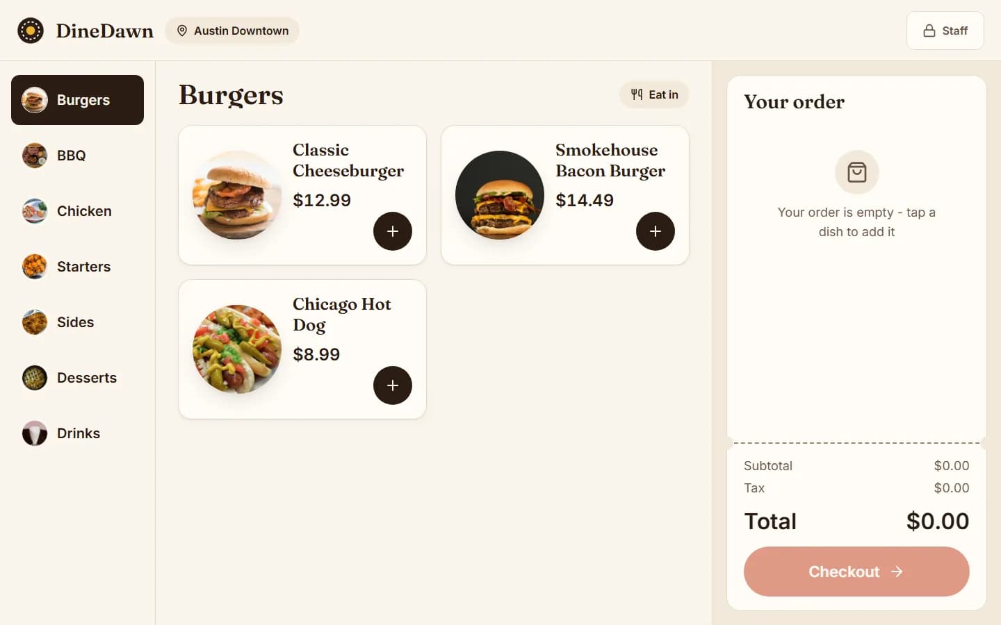 DineDawn self-order kiosk screen for eat-in and takeaway orders
