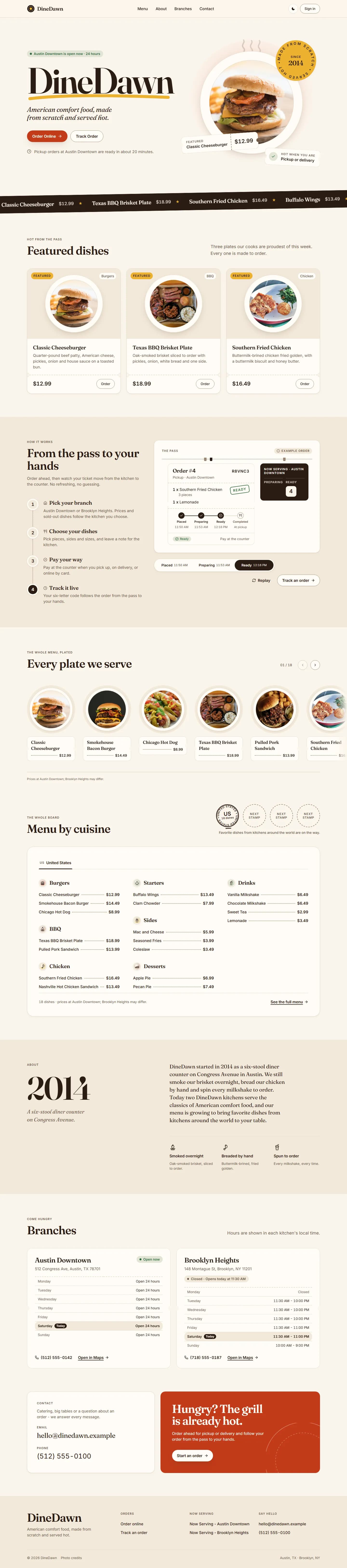 DineDawn landing page, full scroll