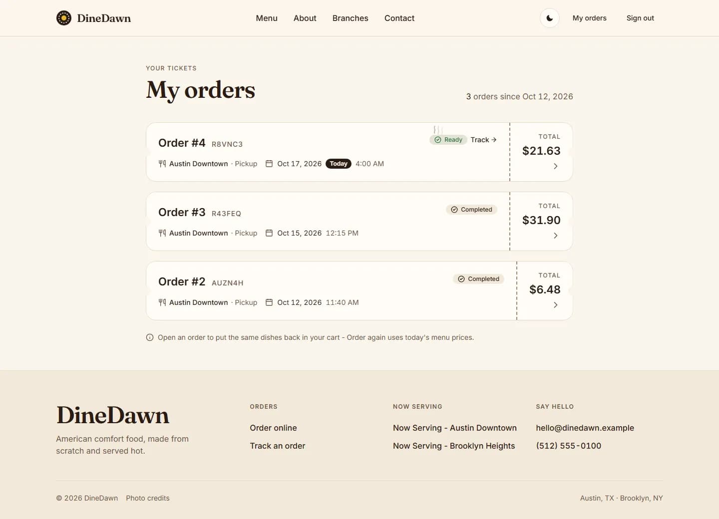 DineDawn customer order history