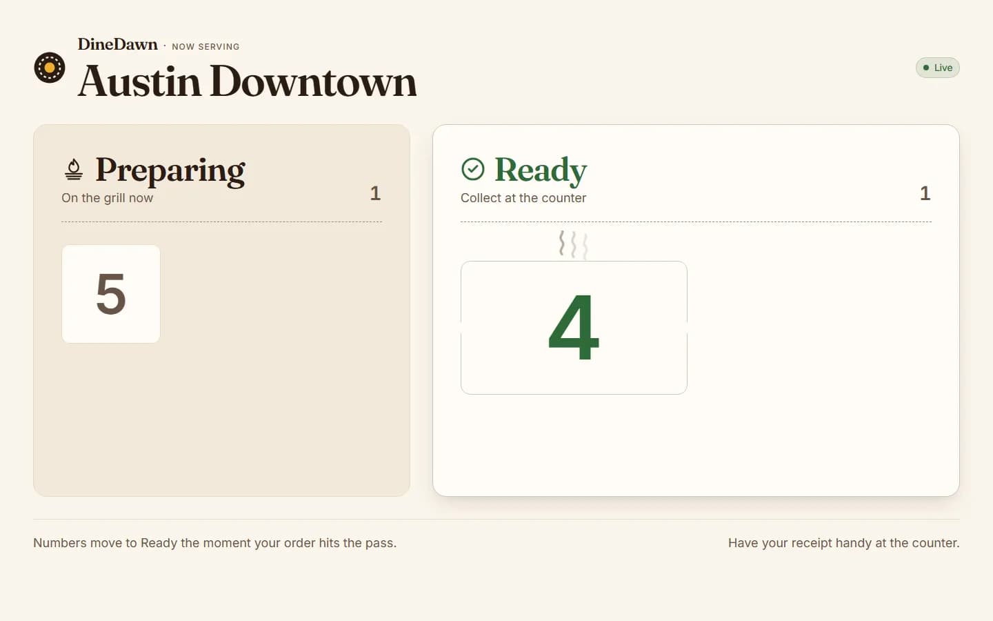 DineDawn Now Serving wall screen