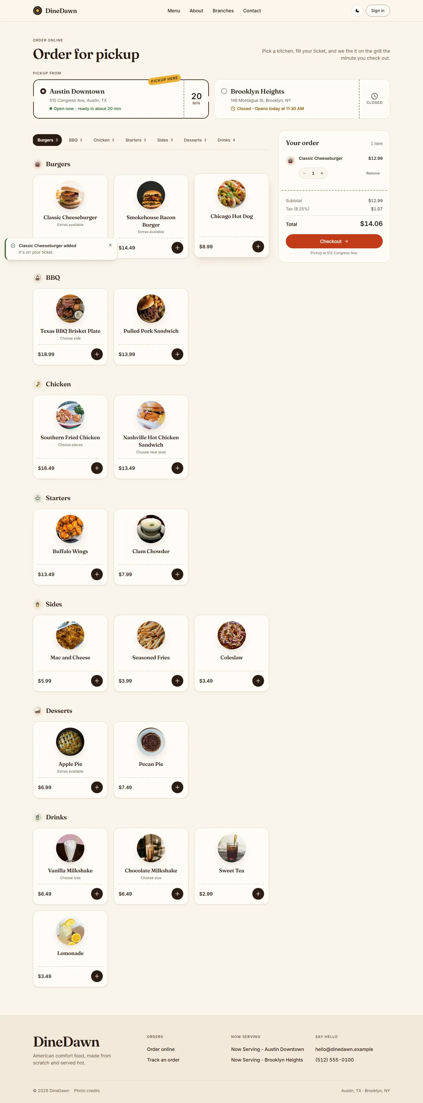 DineDawn online ordering with cart