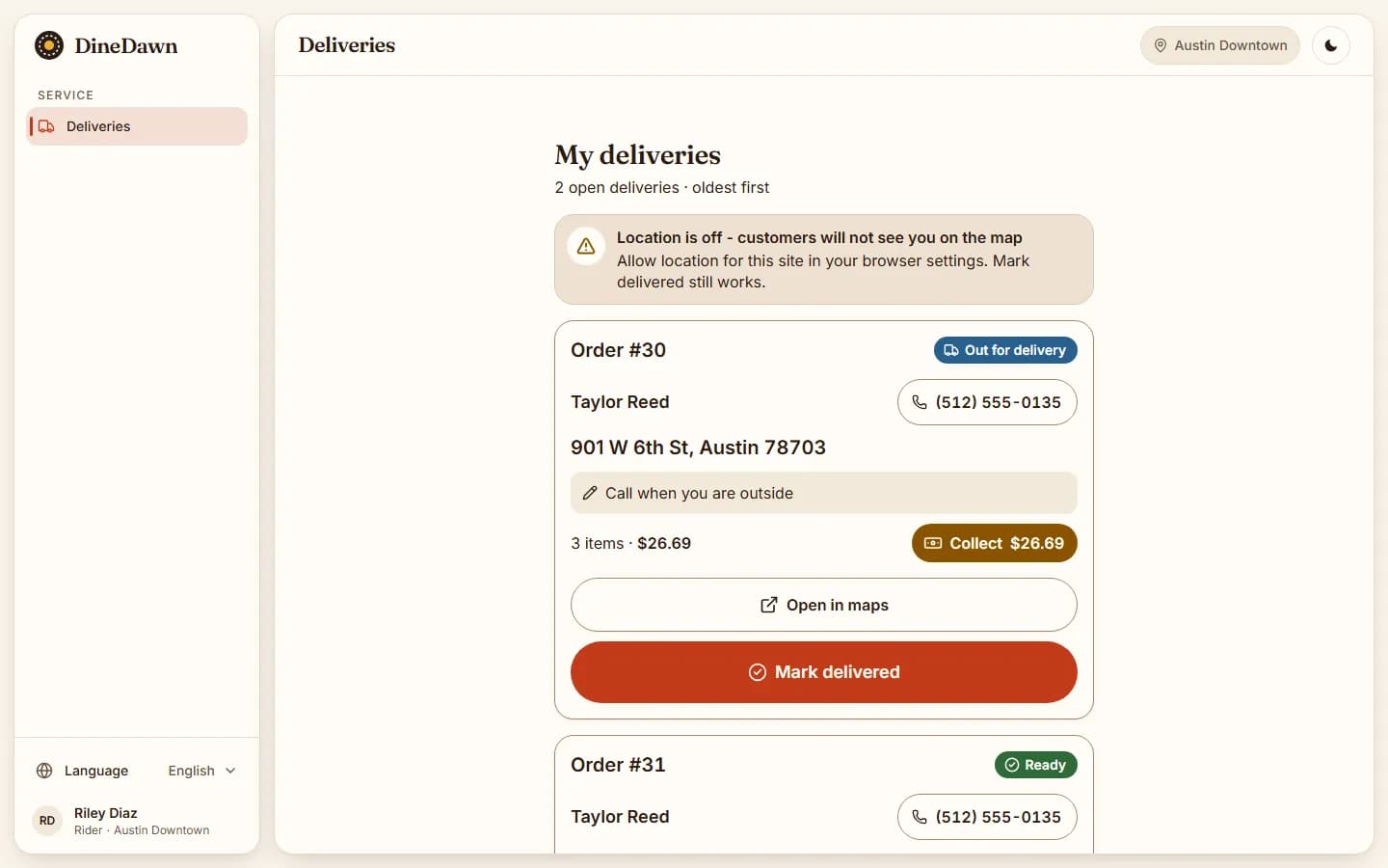 DineDawn rider Deliveries page with an order out for delivery