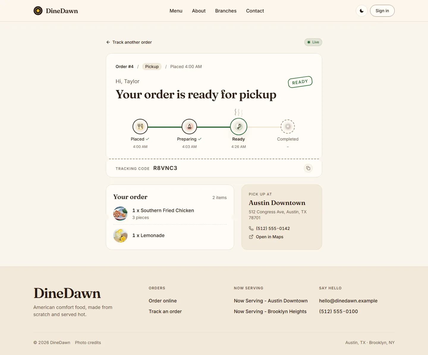 DineDawn live order tracking