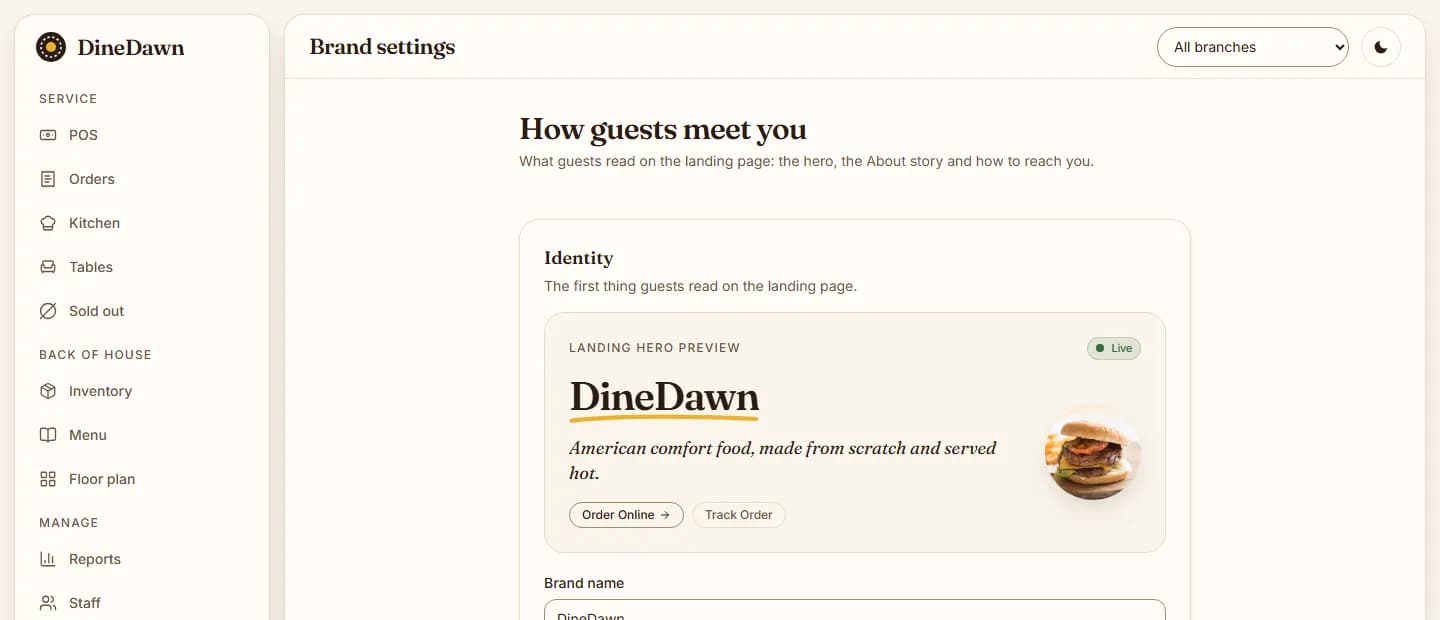 DineDawn brand settings screen with landing hero preview