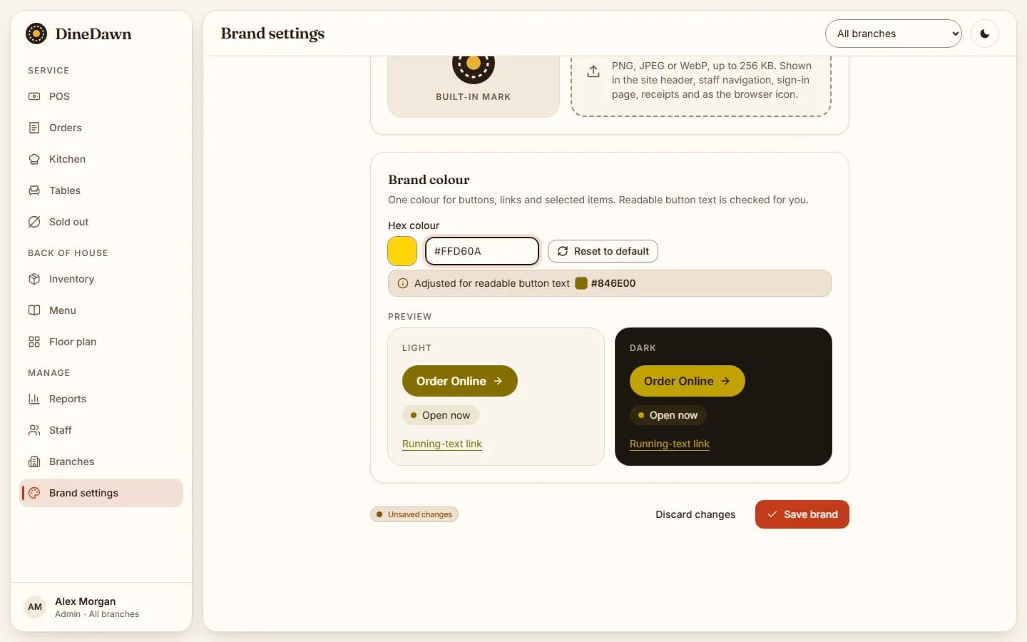 DineDawn brand colour picker: a typed hex colour auto-adjusted for readable button text, with light and dark button previews