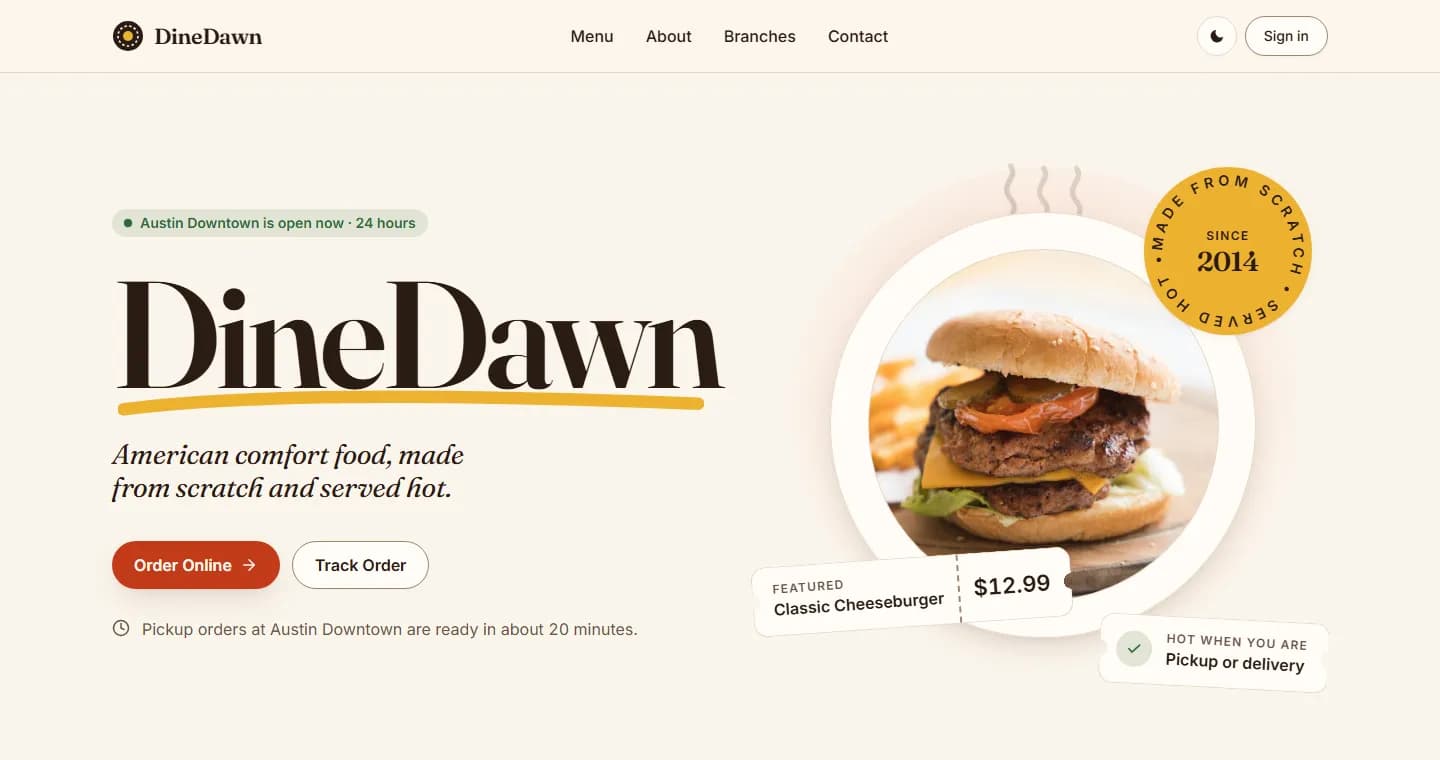 DineDawn landing page, POS and kitchen board screenshots